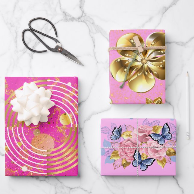 Golden Modern Geometrie und Blume Galore Geschenkpapier Set (Vorderseite)