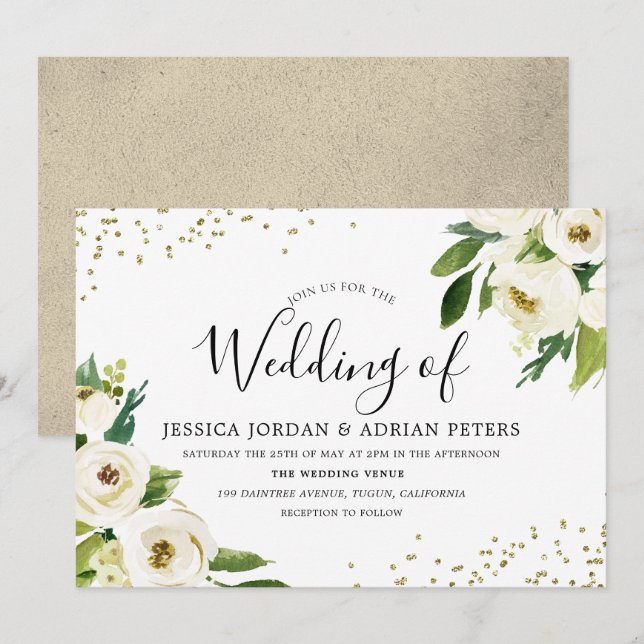 Golden Modern White Floral Wedite Einladung (Vorne/Hinten)
