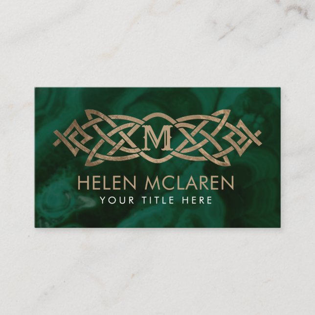 Golden Monogram Celtic Knot Ornament on malachite Visitenkarte (Vorderseite)