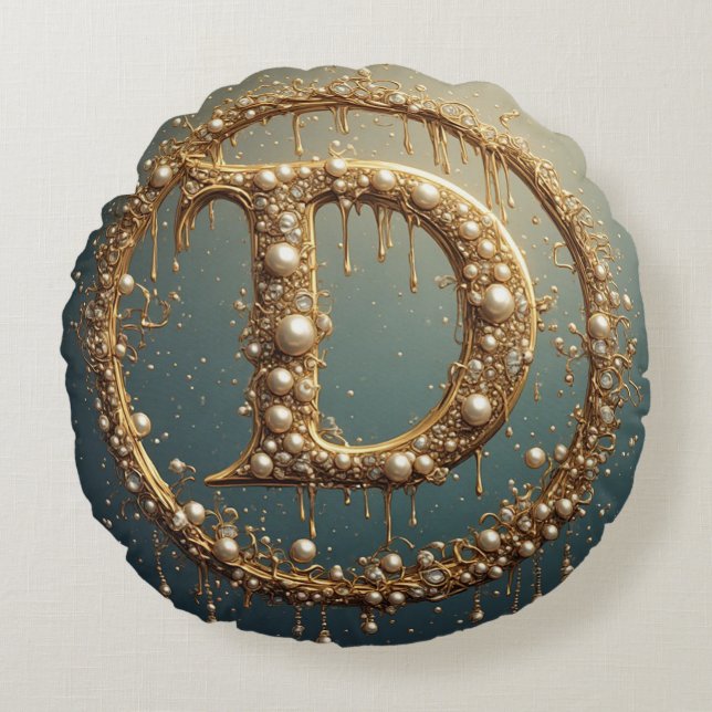 Golden Monogram Initial Letter D Rundes Kissen (Vorderseite)
