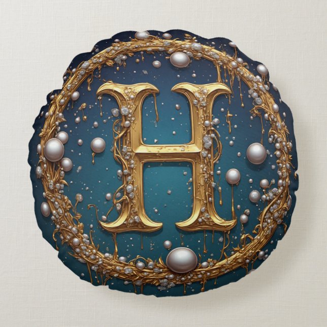 Golden Monogram Initial Letter H Rundes Kissen (Vorderseite)