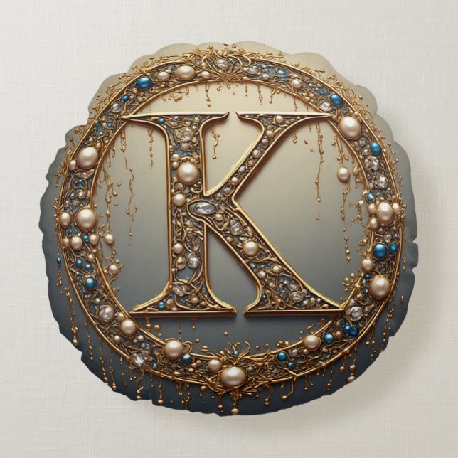Golden Monogram Initial Letter K Rundes Kissen (Vorderseite)