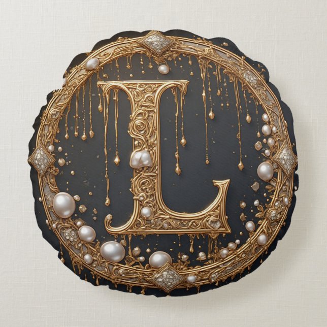 Golden Monogram Initial Letter L Rundes Kissen (Vorderseite)