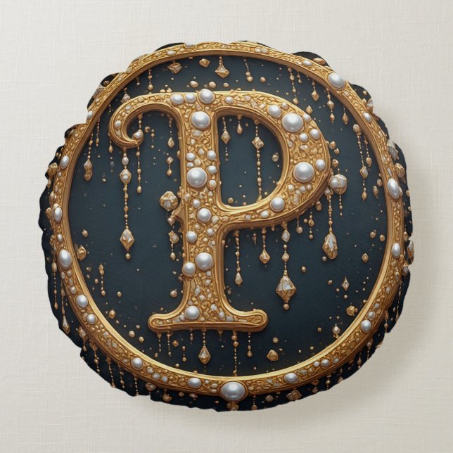 Golden Monogram Initial Letter P Rundes Kissen (Vorderseite)