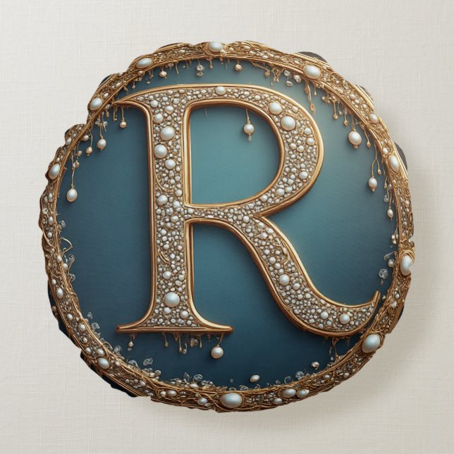 Golden Monogram Initial Letter R Rundes Kissen (Vorderseite)