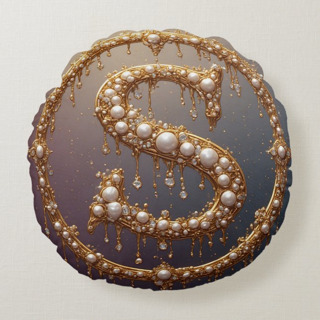 Golden Monogram Initial Letter S Rundes Kissen (Vorderseite)