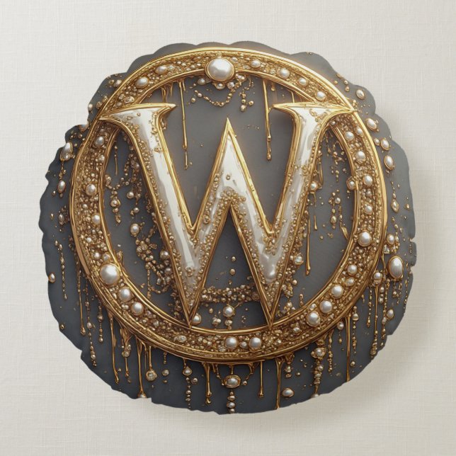 Golden Monogram Initial Letter W Rundes Kissen (Vorderseite)