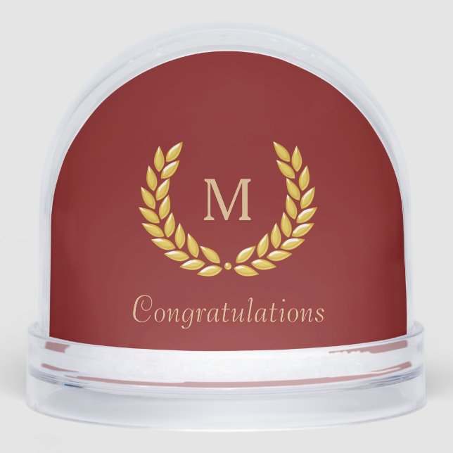 Golden Monogram & Laurel Wreath on Deep Red Schneekugeln (Vorderseite)