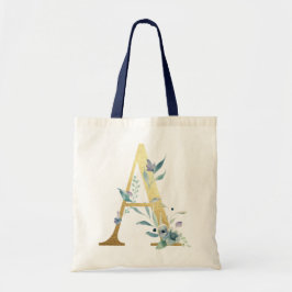 Golden Monogram Letter A Blue Watercolor-Blume Tragetasche