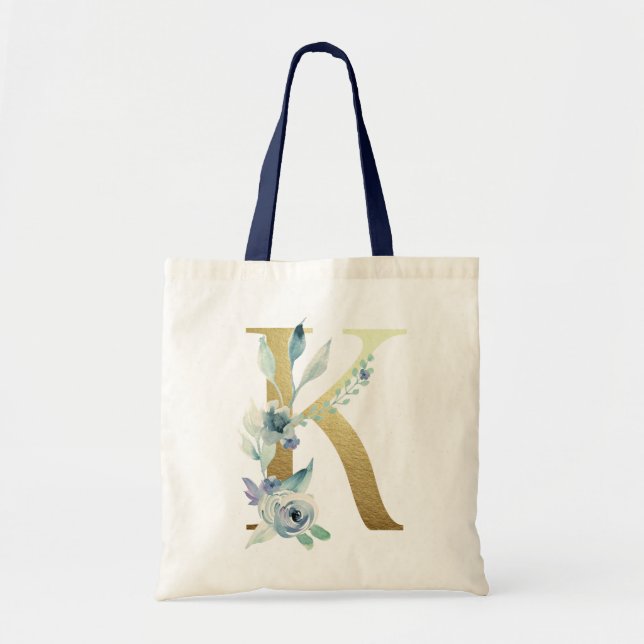 Golden Monogram Letter KBlue Aquarellfarben-Blume Tragetasche (Vorne)