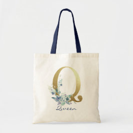Golden Monogram Letter Q Blauer Name Blumendekor Tragetasche