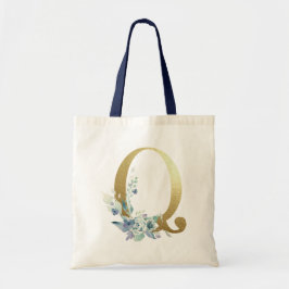Golden Monogram Letter Q Blue Watercolor-Blume Tragetasche