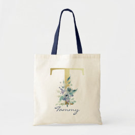 Golden Monogram Letter T Blauer Name Blumendekor Tragetasche