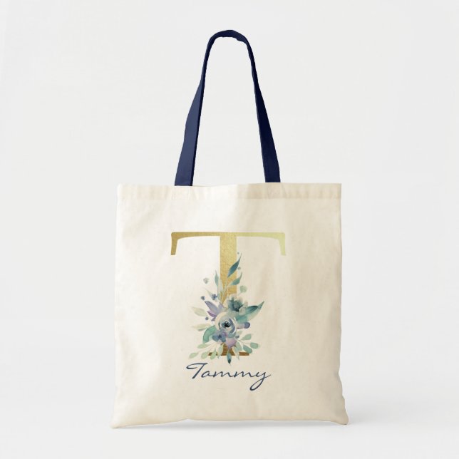 Golden Monogram Letter T Blauer Name Blumendekor Tragetasche (Vorne)