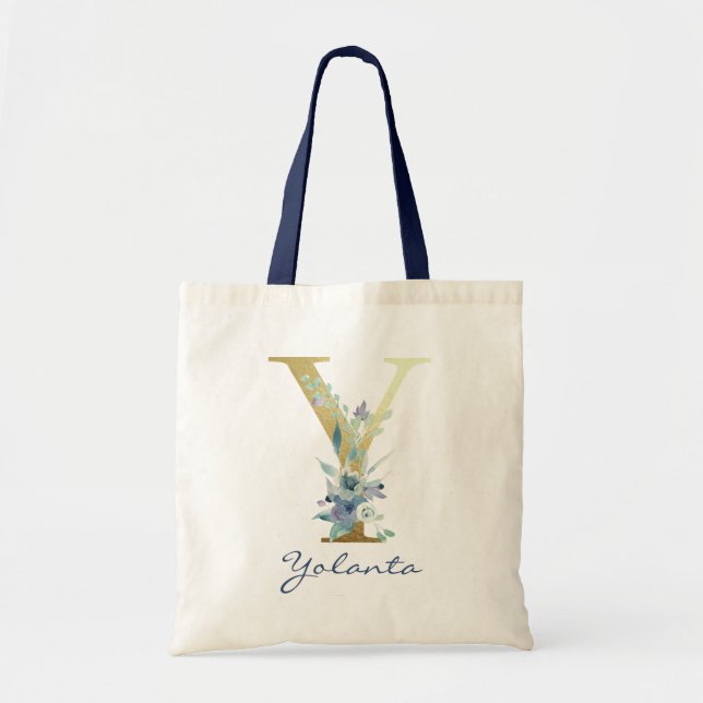 Golden Monogram Letter Y Blauer Name Blumendekor Tragetasche (Vorne)