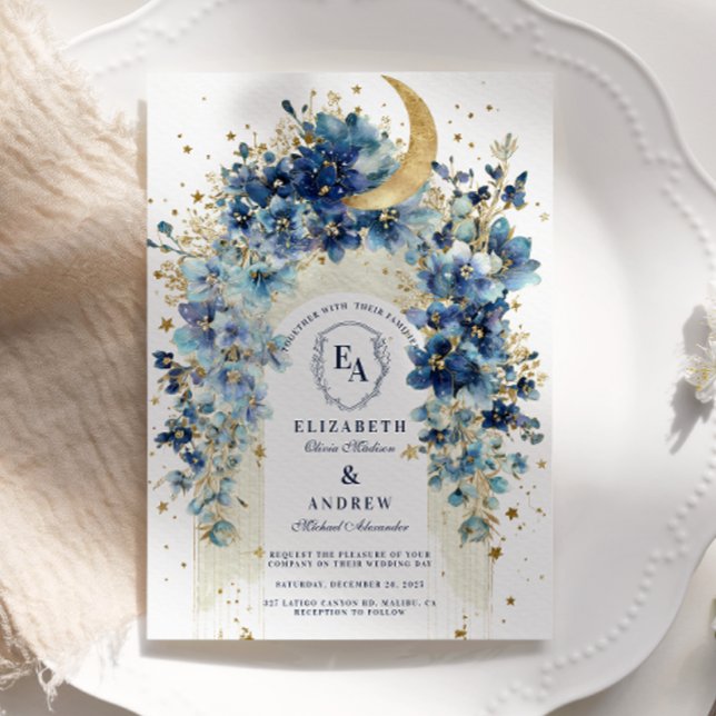 Golden Moon und Midnight Florals Wedding Einladung (Von Creator hochgeladen)