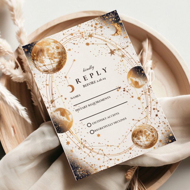 Golden Moonlit Celestial Wedding RSVP Karte (Von Creator hochgeladen)