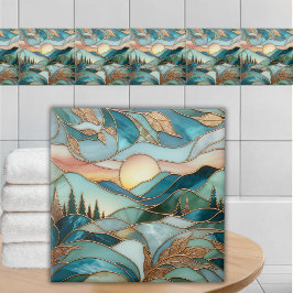 Golden Mountain Peaks Forest Stained Glass Art Fliese