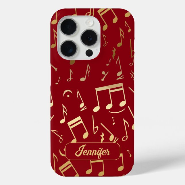 Golden Musical Notes on deep red Background iPhone 15 Pro Hülle (Rückseite)