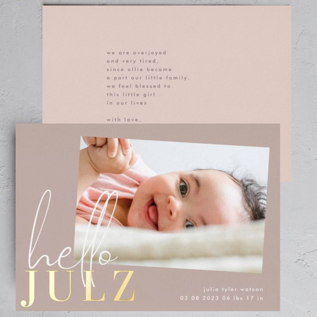 Golden Name Hello Foto Baby Geburtsankündigung Folieneinladung (Von Creator hochgeladen)