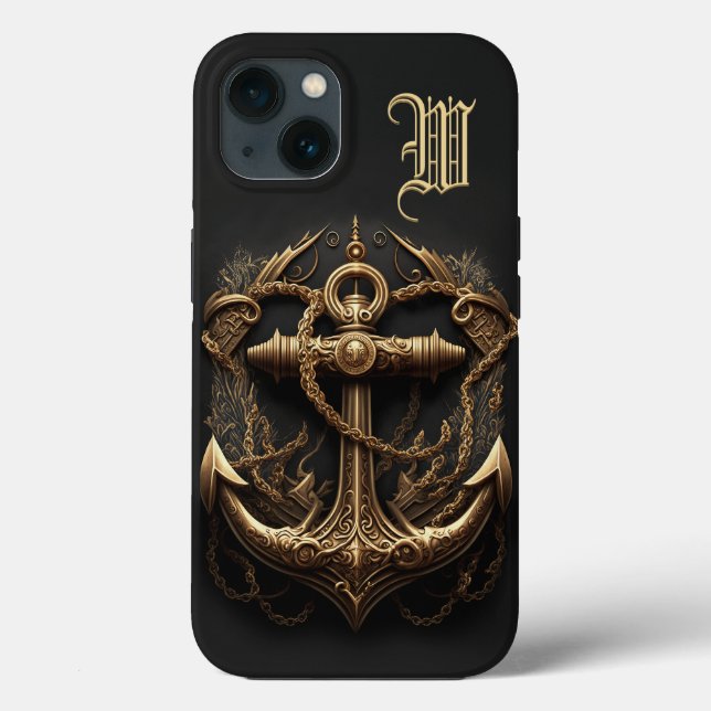 Golden Nautical Anchor Monogram Case-Mate iPhone Hülle (Rückseite)