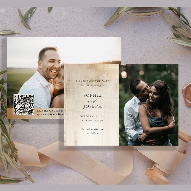 Golden Neutral Abstrakt | Eleganter QR-Code für Ho Save The Date (This classic and glamorous wedding save the date features an easily scannable QR code and photos)