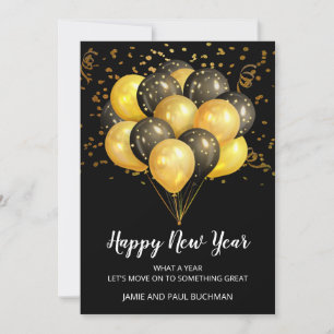 Golden on Black Balloons Confetti Happy Neues Jahr Feiertagskarte