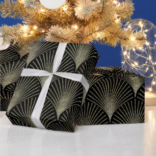 Golden on Black Geometric Art Deco Muster Geschenkpapier
