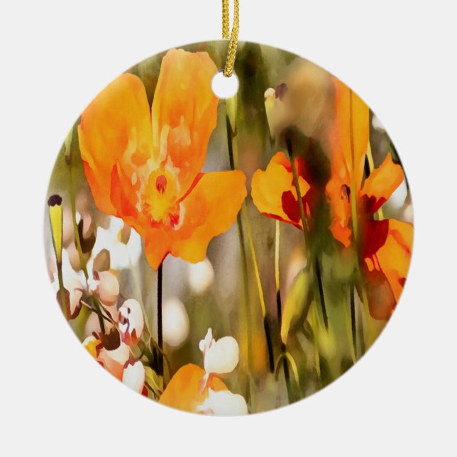 Golden Orange California Poppy Akryllische Malerei Keramik Ornament (Vorne)