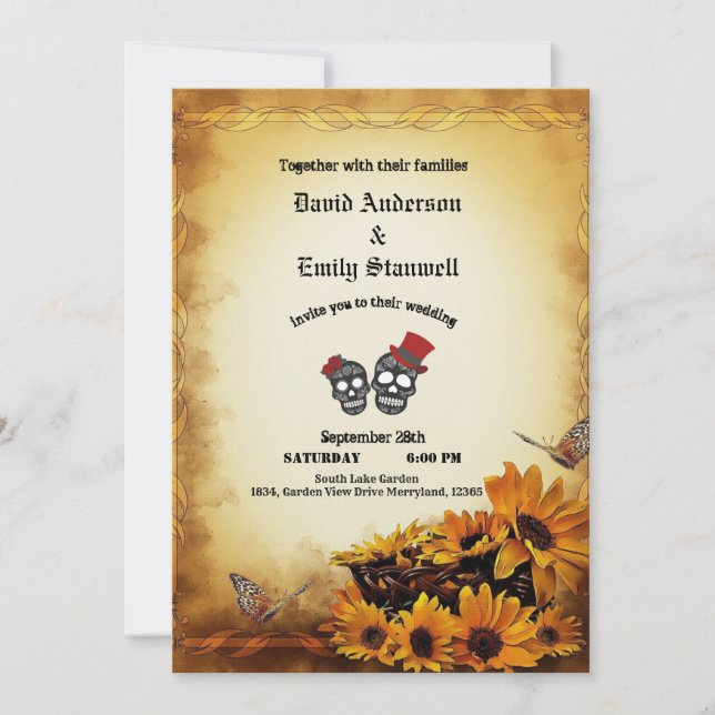 Golden Orange Gothic Sonnenblumen Halloween Hochze Einladung (Vorderseite)