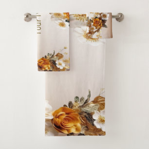 Golden Orange Weiße Blume Rustikal Elegante Badhandtuch Set