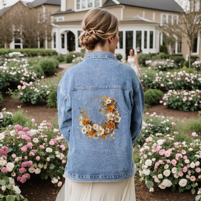 Golden Orange Weiße Blume Rustikal Elegante Jeansjacke (Hochzeit Rückseite)