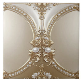 Golden Ornate Frame with Pearls Ceramic Tile Fliese