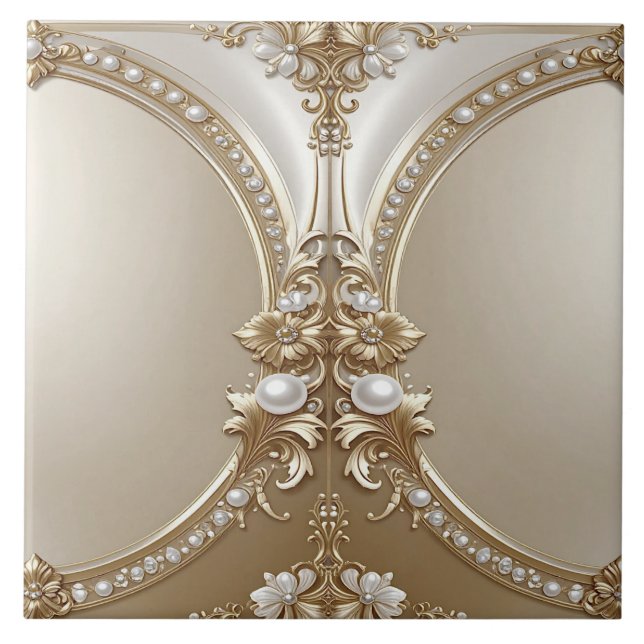 Golden Ornate Frame with Pearls Ceramic Tile Fliese (Vorderseite)