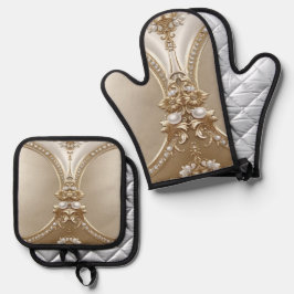 Golden Ornate Frame with Pearls Ofenhandschuh & Topflappen-Set