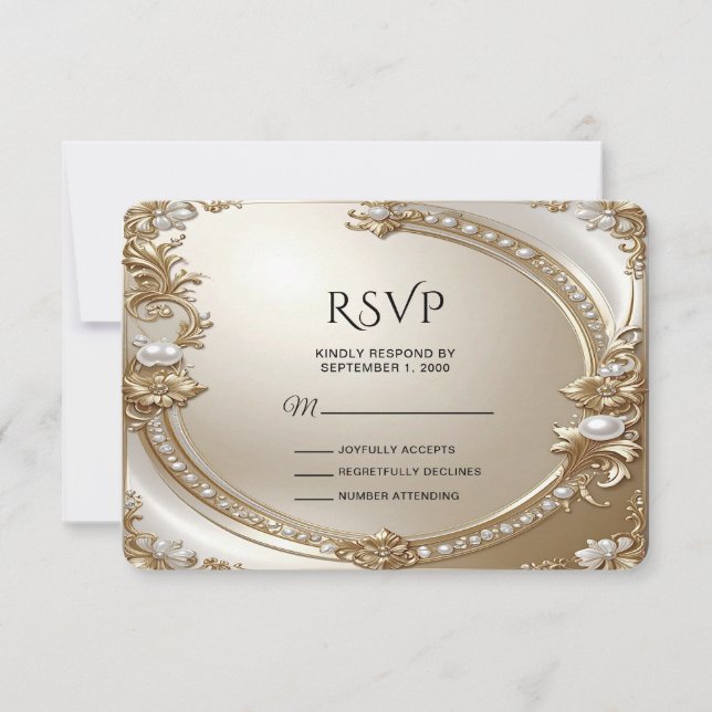 Golden Ornate Frame with Pearls RSVP Card (Vorderseite)