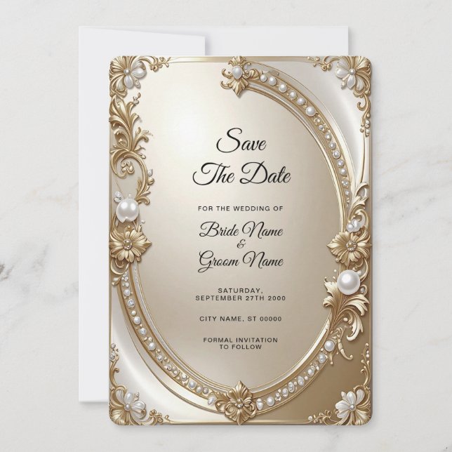 Golden Ornate Frame with Pearls Save the Date (Vorderseite)