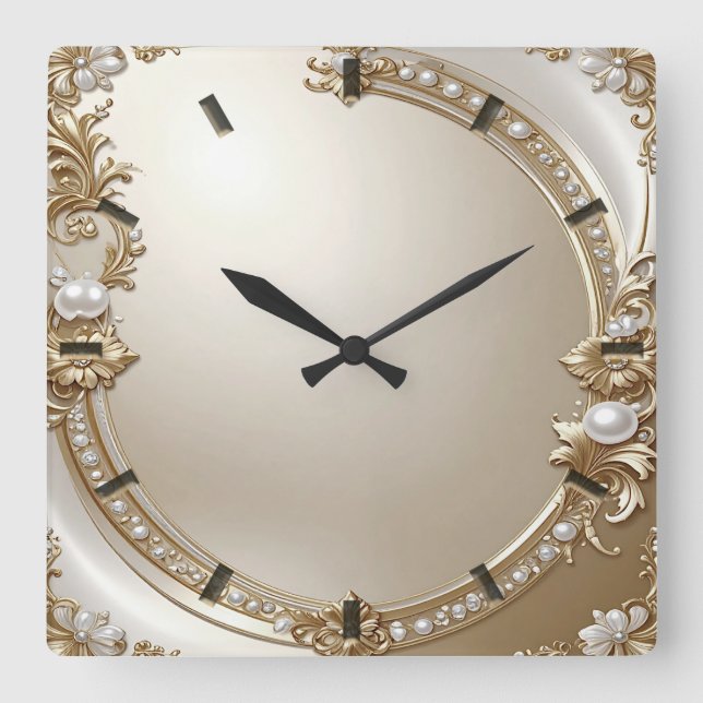 Golden Ornate Frame with Pearls Wall Clock Quadratische Wanduhr (Vorderseite)