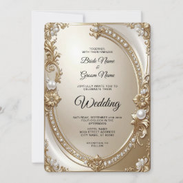 Golden Ornate Frame with Pearls Wedding Invitation Einladung