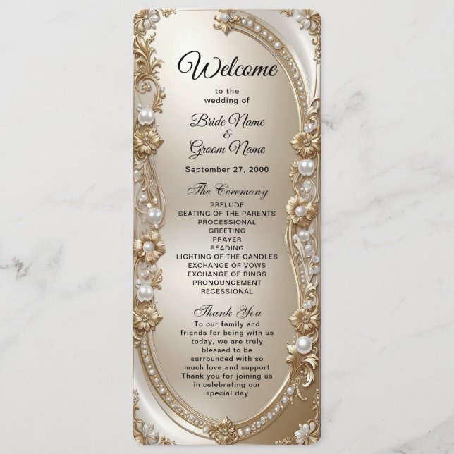 Golden Ornate Frame with Pearls Wedding Program Programm (Vorderseite)