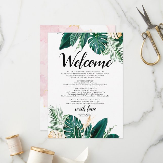 Golden Palm Einladung Willkommensbrief Wedding inv (Vorderseite/Rückseite Beispiel)