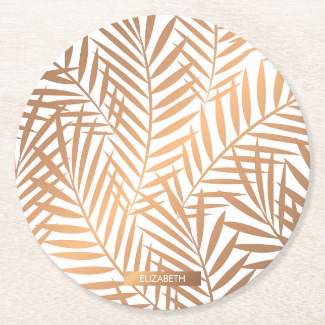 Golden Palm Tree Leaf Muster Runder Pappuntersetzer (Vorderseite)