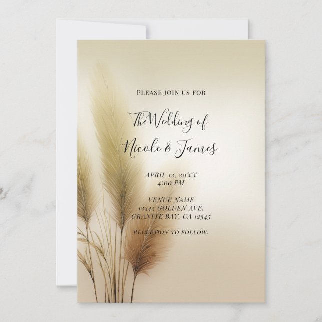 Golden Pampas Grass Bohemisch Boho Wedding Einladung (Vorderseite)