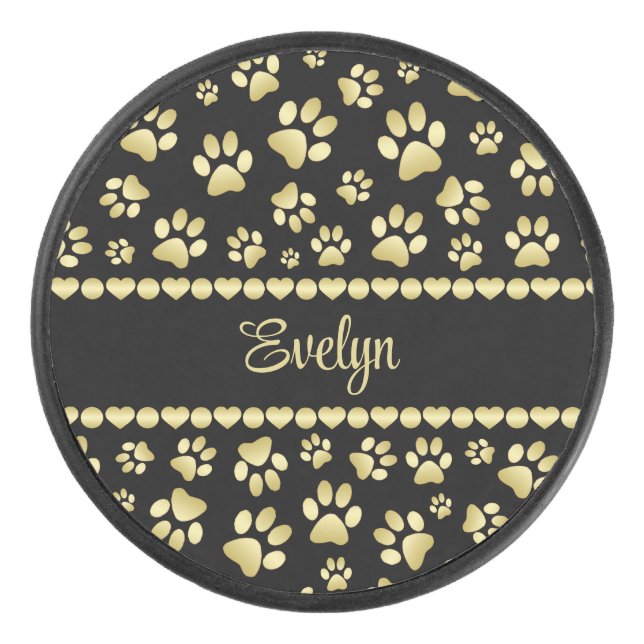 Golden Paw Prints on Black with Custom Name Eishockey Puck (Vorderseite)