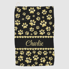 Golden Paw Prints on Black with Custom Name Golfhandtuch