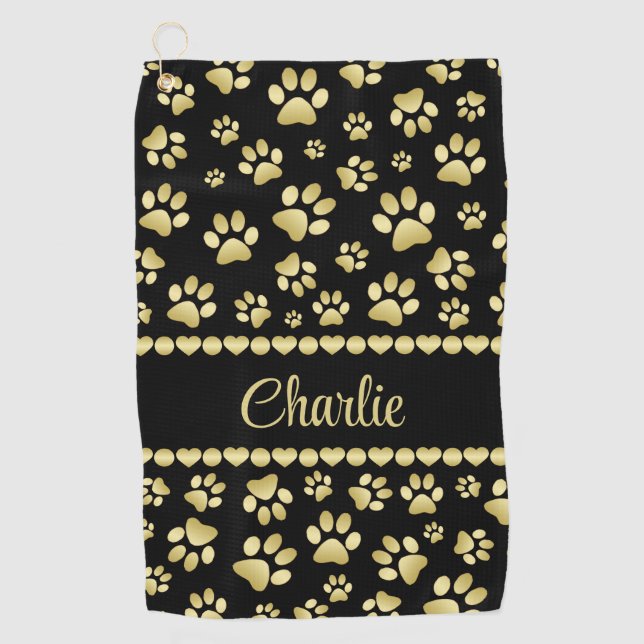 Golden Paw Prints on Black with Custom Name Golfhandtuch (Vorderseite)