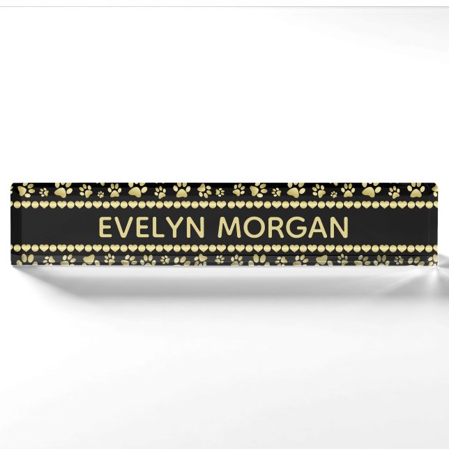 Golden Paw Prints on Black with Custom Name Namensplakette (Vorderseite)
