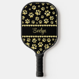 Golden Paw Prints on Black with Custom Name Pickleball Schläger