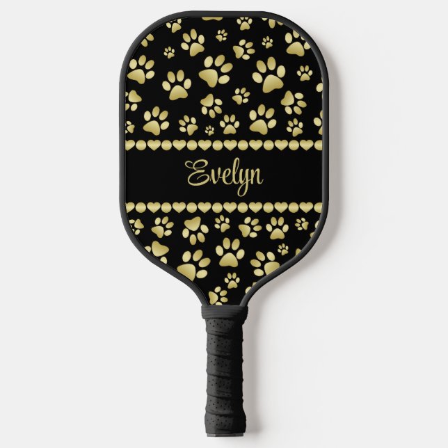 Golden Paw Prints on Black with Custom Name Pickleball Schläger (Vorderseite)
