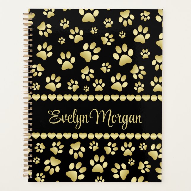 Golden Paw Prints on Black with Custom Name Planer (Vorderseite)